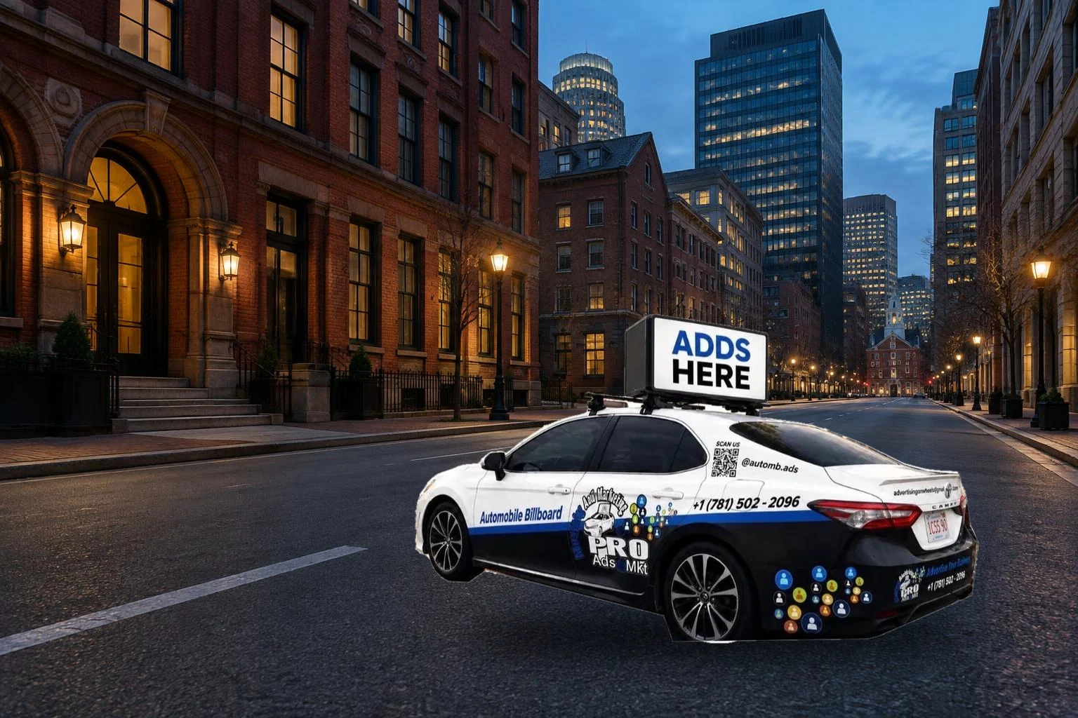 The real Boston Mobile Billboard car on a downtown Boston street, rear side view